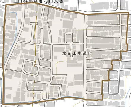 北花山中道町とその周辺の地図。町の範囲を重ねている