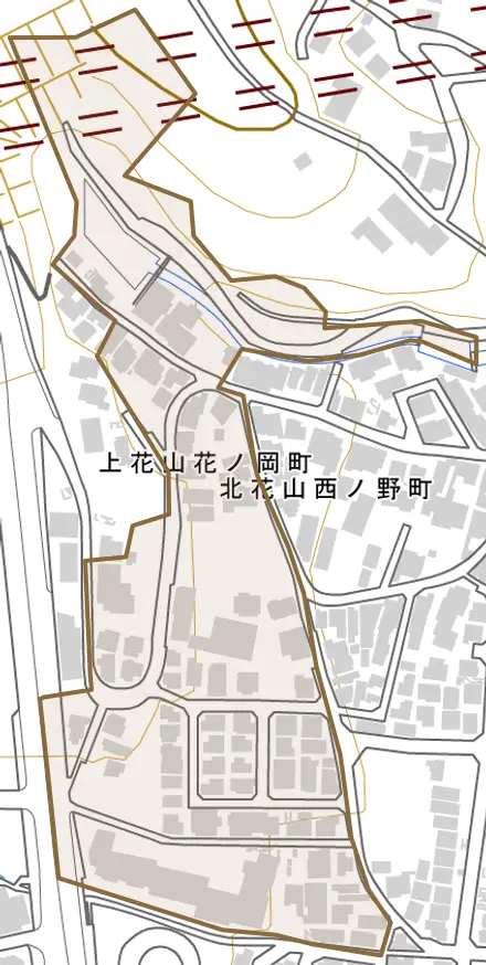 北花山西ノ野町とその周辺の地図。町の範囲を重ねている