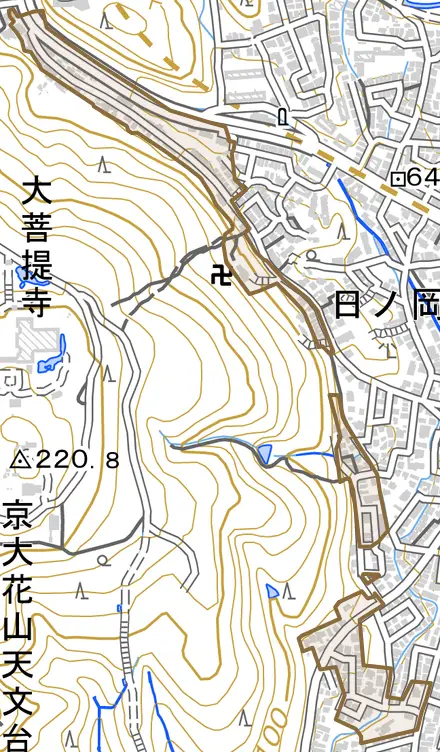 北花山山田町とその周辺の地図。町の範囲を重ねている