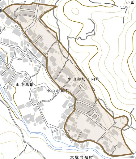 小山御坊ノ内町とその周辺の地図。町の範囲を重ねている