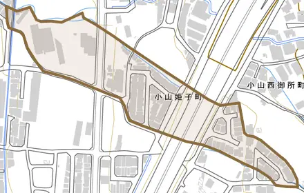 小山姫子町とその周辺の地図。町の範囲を重ねている