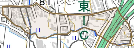 小山北林町とその周辺の地図。町の範囲を重ねている