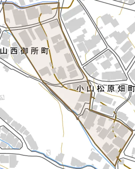 小山松原畑町とその周辺の地図。町の範囲を重ねている