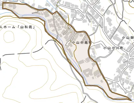 小山中島町とその周辺の地図。町の範囲を重ねている