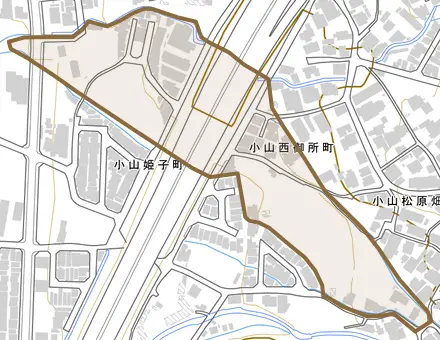 小山西御所町とその周辺の地図。町の範囲を重ねている