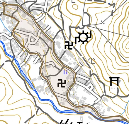 小山小川町とその周辺の地図。町の範囲を重ねている
