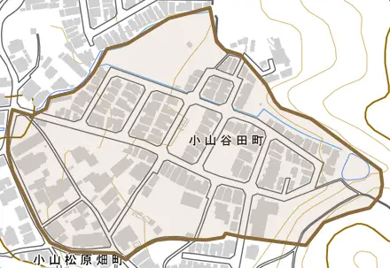 小山谷田町とその周辺の地図。町の範囲を重ねている