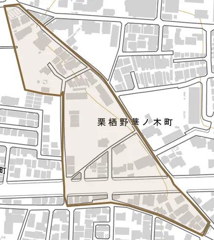 栗栖野華ノ木町とその周辺の地図。町の範囲を重ねている