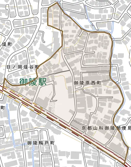 御陵原西町とその周辺の地図。町の範囲を重ねている