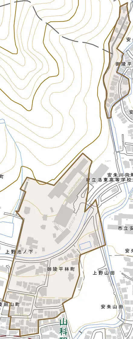 御陵平林町とその周辺の地図。町の範囲を重ねている