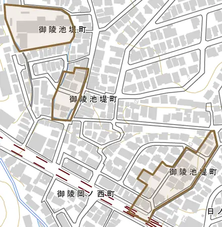 御陵池堤町とその周辺の地図。町の範囲を重ねている