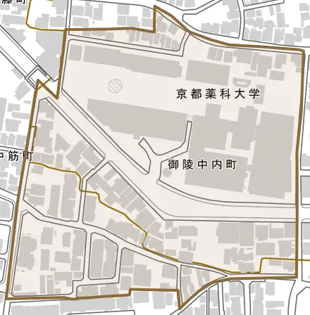 御陵中内町とその周辺の地図。町の範囲を重ねている
