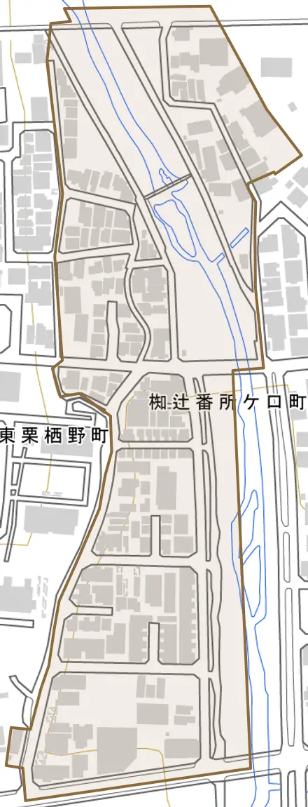 椥辻番所ケ口町とその周辺の地図。町の範囲を重ねている