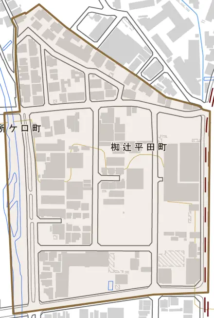 椥辻平田町とその周辺の地図。町の範囲を重ねている
