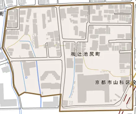 椥辻池尻町とその周辺の地図。町の範囲を重ねている