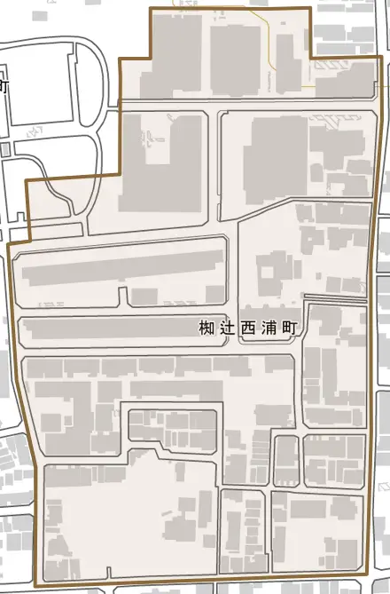 椥辻西浦町とその周辺の地図。町の範囲を重ねている