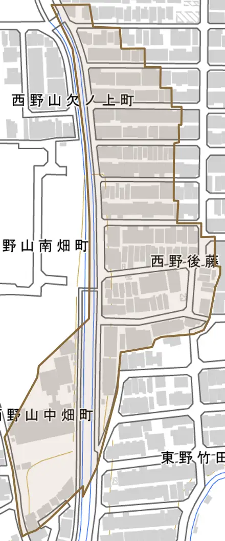 西野後藤とその周辺の地図。町の範囲を重ねている