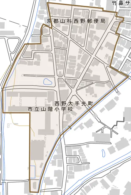 西野大手先町とその周辺の地図。町の範囲を重ねている