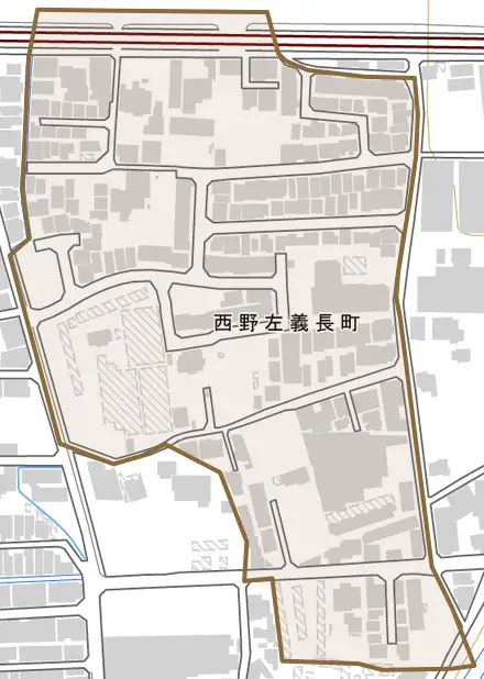 西野左義長町とその周辺の地図。町の範囲を重ねている