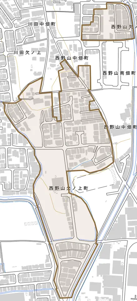 西野山欠ノ上町とその周辺の地図。町の範囲を重ねている