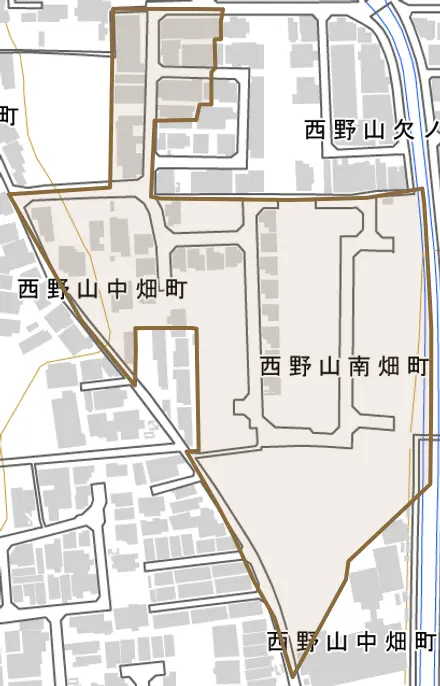 西野山南畑町とその周辺の地図。町の範囲を重ねている