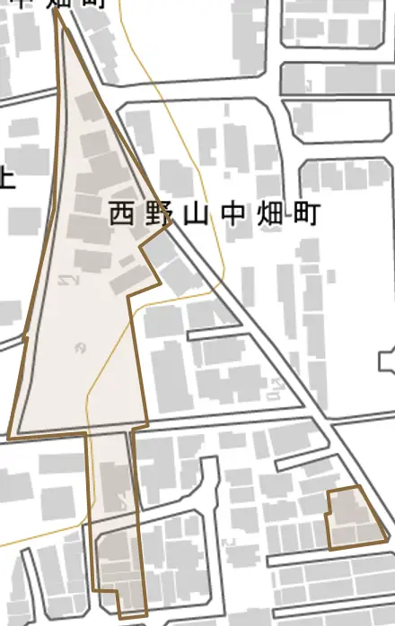 西野山中畑町とその周辺の地図。町の範囲を重ねている