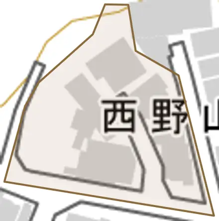 西野山山田とその周辺の地図。町の範囲を重ねている