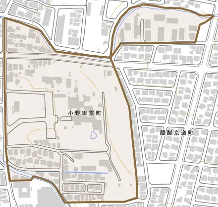 小野御霊町とその周辺の地図。町の範囲を重ねている