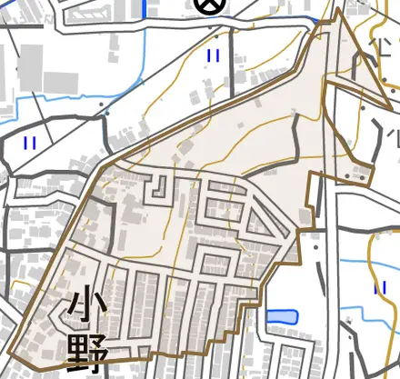 小野御所ノ内町とその周辺の地図。町の範囲を重ねている