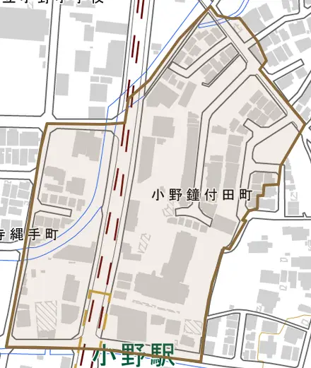 小野鐘付田町とその周辺の地図。町の範囲を重ねている