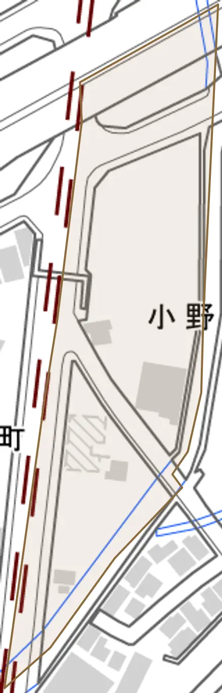 小野河原町とその周辺の地図。町の範囲を重ねている