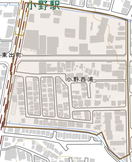 小野西浦とその周辺の地図。町の範囲を重ねている