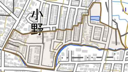 小野荘司町とその周辺の地図。町の範囲を重ねている