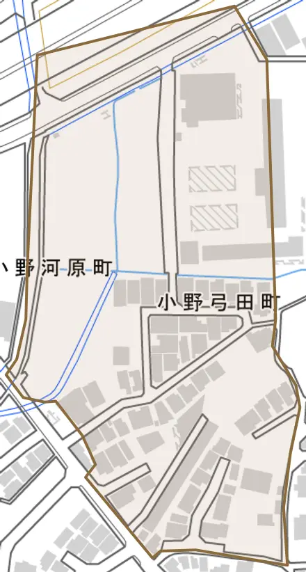 小野弓田町とその周辺の地図。町の範囲を重ねている