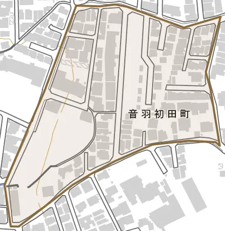 音羽初田町とその周辺の地図。町の範囲を重ねている