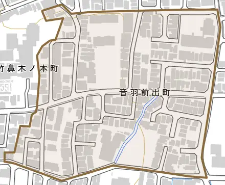 音羽前出町とその周辺の地図。町の範囲を重ねている