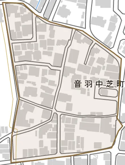 音羽中芝町とその周辺の地図。町の範囲を重ねている