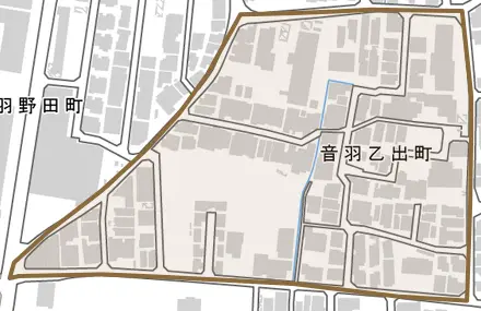 音羽乙出町とその周辺の地図。町の範囲を重ねている