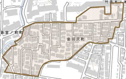 音羽沢町とその周辺の地図。町の範囲を重ねている