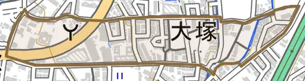大塚北溝町とその周辺の地図。町の範囲を重ねている