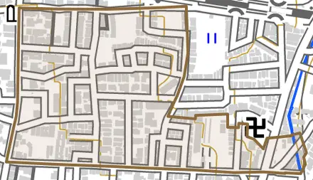 大塚南溝町とその周辺の地図。町の範囲を重ねている