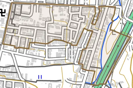 大塚元屋敷町とその周辺の地図。町の範囲を重ねている