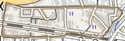 大塚中溝とその周辺の地図。町の範囲を重ねている
