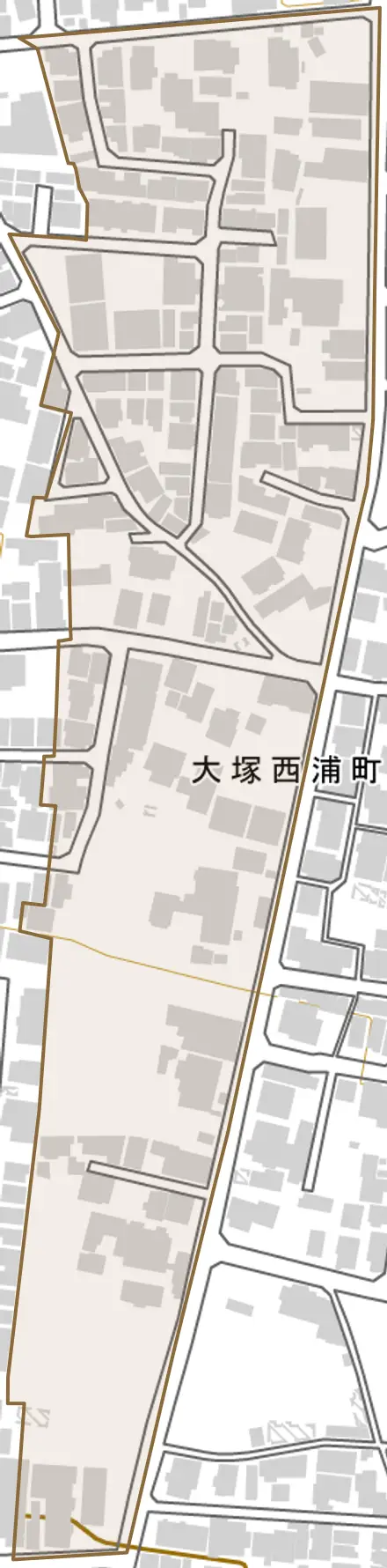 大塚西浦町とその周辺の地図。町の範囲を重ねている