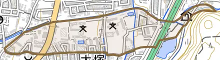 大塚野溝町とその周辺の地図。町の範囲を重ねている