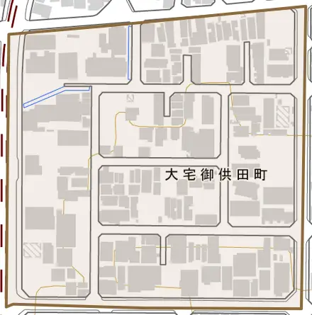 大宅御供田町とその周辺の地図。町の範囲を重ねている