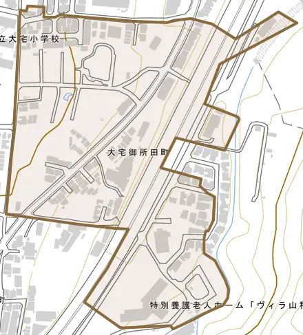 大宅御所田町とその周辺の地図。町の範囲を重ねている