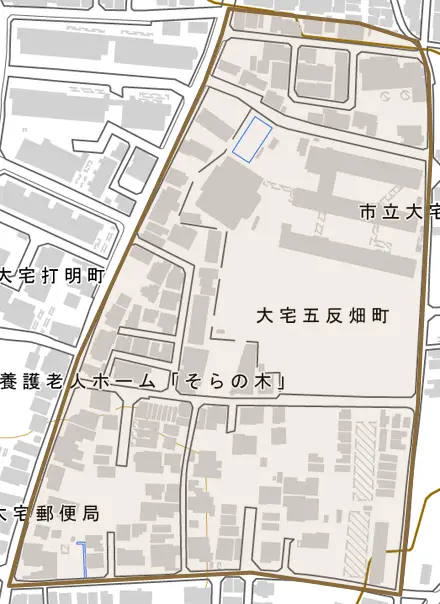 大宅五反畑町とその周辺の地図。町の範囲を重ねている