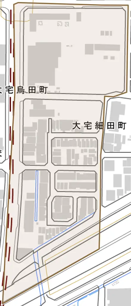大宅細田町とその周辺の地図。町の範囲を重ねている