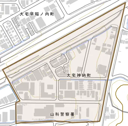 大宅神納町とその周辺の地図。町の範囲を重ねている